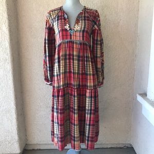Zara Woman Boho Peasant Plaid Embroidered Dress S